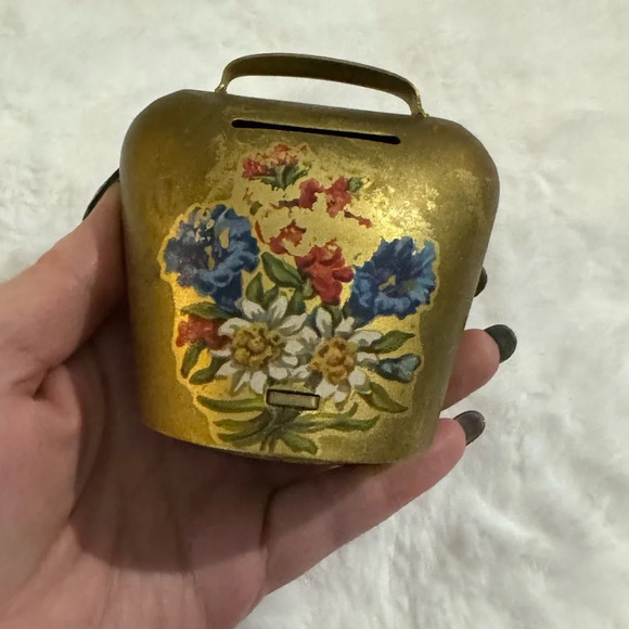 Vintage Brass Bavarian Floral Cowbell Shaped Piggy Coin Bank Cottagecore Rustic - Picture 9 of 9